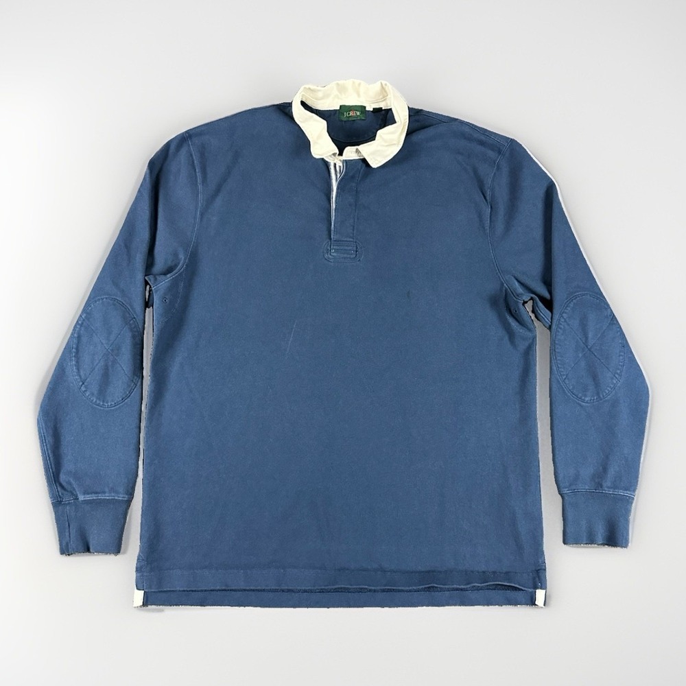 J Crew Oarsman Rugby Shirt Men's Large Navy Blue Collared Elbow Patch